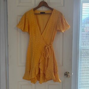 SHEIN Yellow Eyelet Wrap Mini Dress